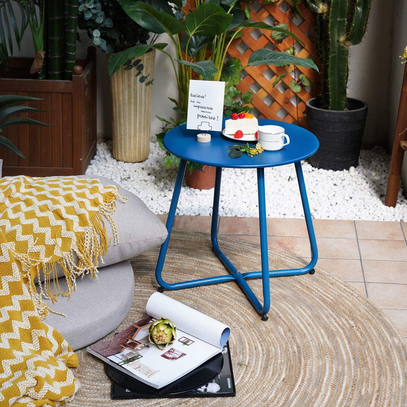 Ebern Round Outdoor Side Table, Peacock Blue