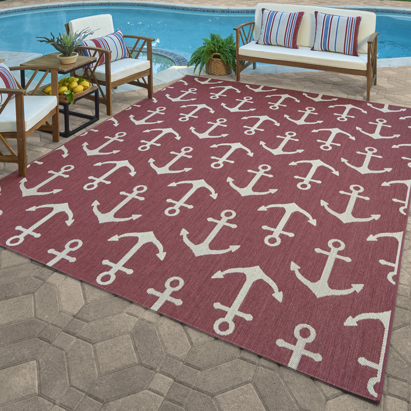 Solterra Dockside Red Cream Beige Nautical Achor Flatweave Polypropylene Indoor/ Outdoor Area Rug, Runner 2'2" x 6'