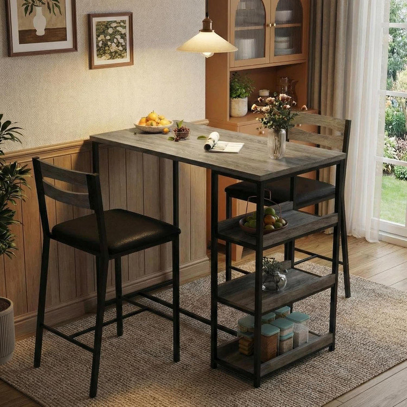 36" Counter Height Dining Table Set for 2 with Upholstered Bar Chairs & Storage Shelves, Space-Saving for Small Space, Apartment, Studio