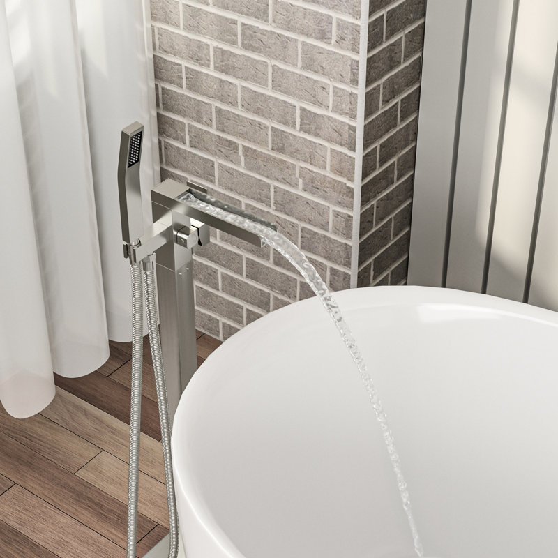 Bathtub Faucet With 360 Swivel Waterfall Spout And Hand Shower, Heavy - Duty Brass, Brushed Nickel Finish Filler Detachable Handheld