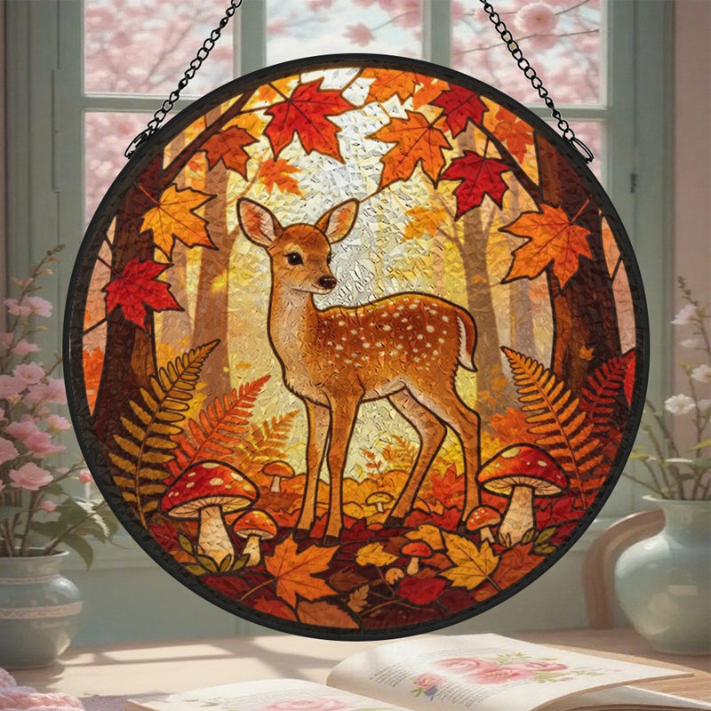 Cerf forêt d'automne avec feuilles rouges et champignons vitrail pour fenêtre, 7.8x7.8in(20x20cm)