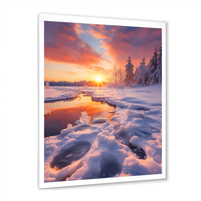 Rose et jaune en hiver, lever de soleil IV - paysage d'hiver, Cadre photo blanc, H 32 po x l 24 po x P 1 po