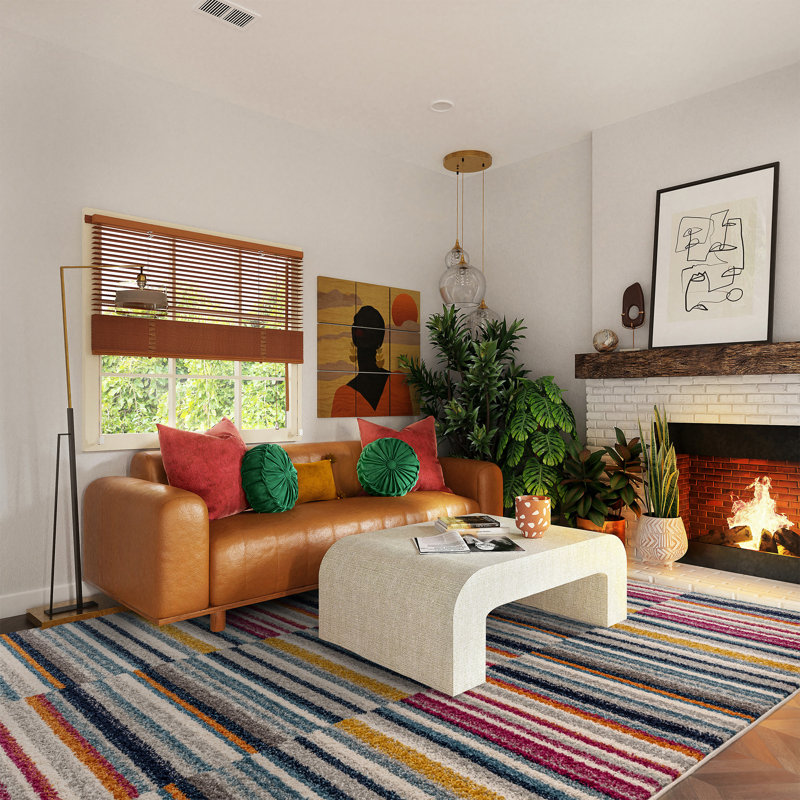 Donnavon Striped Blue/Pink/Yellow Area Rug, Rectangle 80 x 150cm