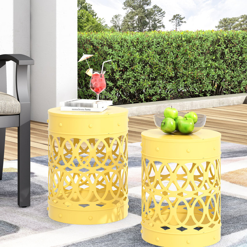 Outdoor Yellow Metal S/2 End Tables, Minimalist Iron Design, Powder-Coated Frame, No Assembly, 13.67"W X 13.67"D 17.56"H & 12.00"W 12.00"D 16.00"H Look, Stability,