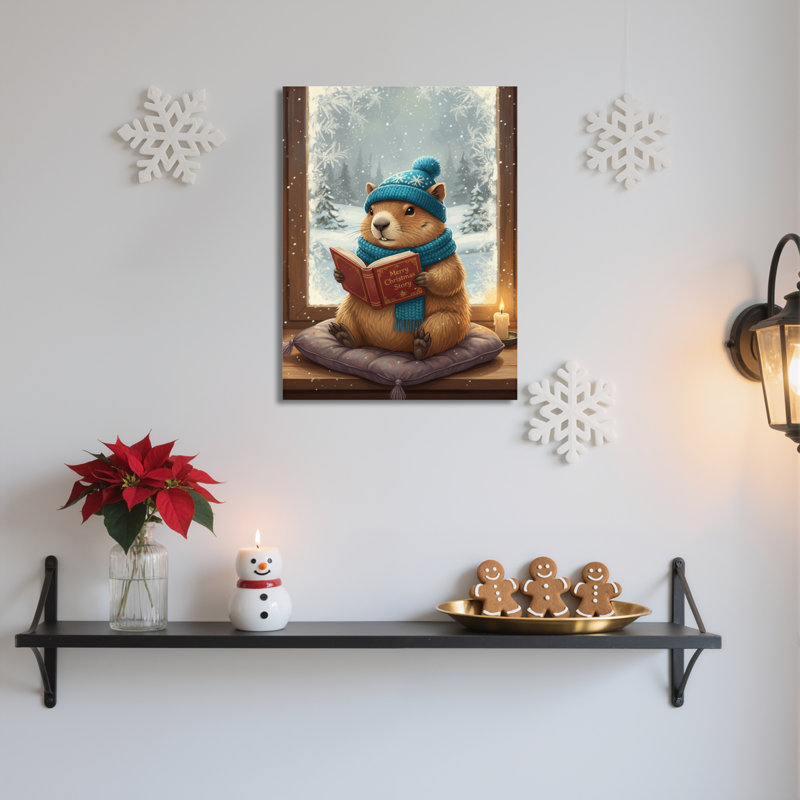 Art mural sur toile écureuil lisant l'hiver, H 18 po x l 12 po