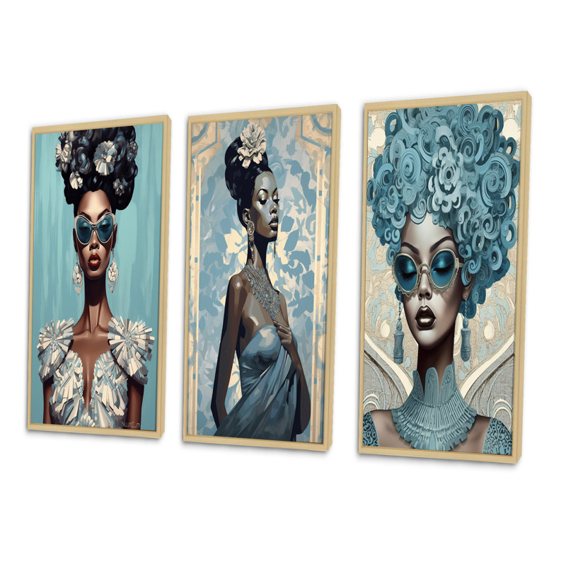 «Elegant Blue Retro Fashion African Vogue Goddess», 3 pièces sur toile, Cadre naturel flottant, H 28 po x l 36 po
