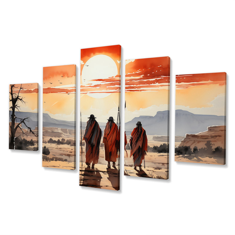 Native Art Guardians Of Prairies - Art mural sur toile Native American - 5 panneaux