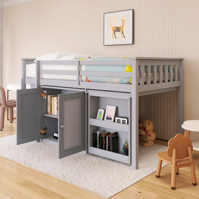 Lit mezzanine simple à structure en bois avec armoire de rangement, tiroir et bureau coulissant, Gris