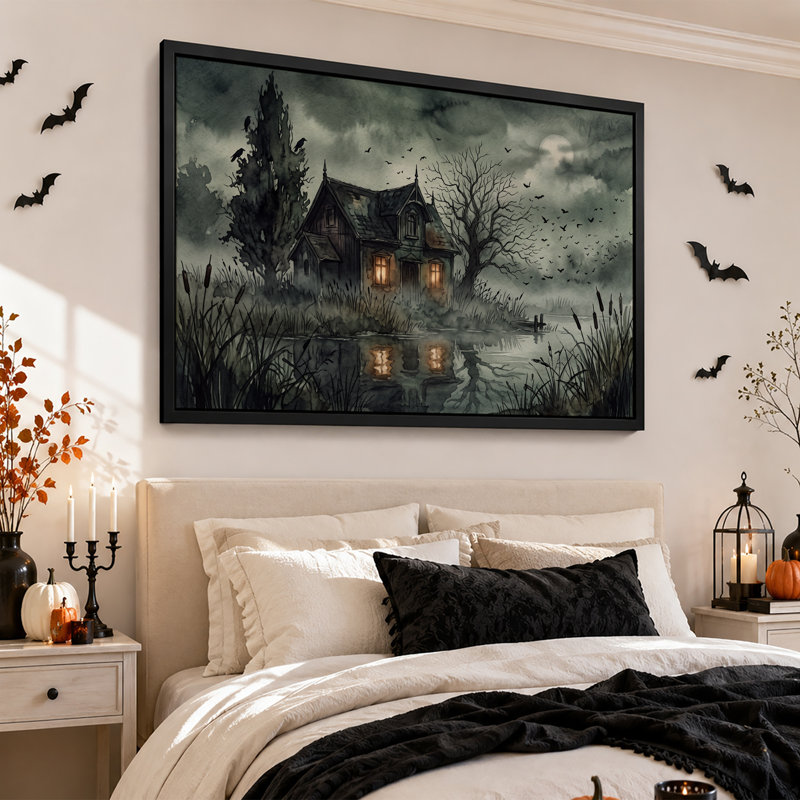 «Haunted House Reflection in Moonlit Swamp», art mural sur toile, H 16 po x l 24 po