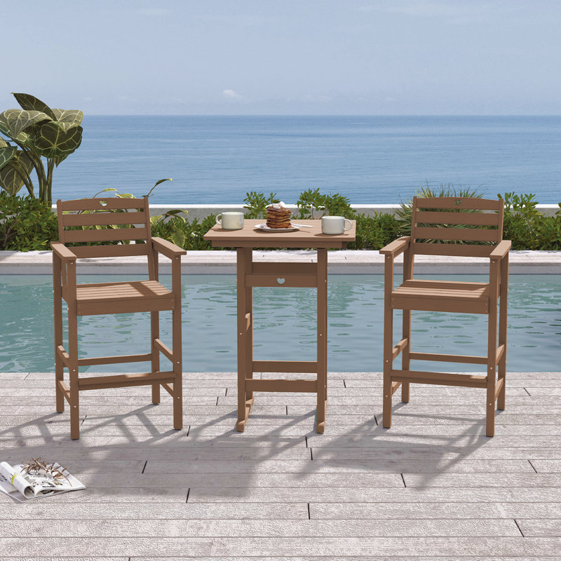 3-Piece Bar Height Patio Table and Chairs Set HDPE Wood Grain Outdoor Bar Table and Chairs with Heart Cutout Design( 3-Piece)