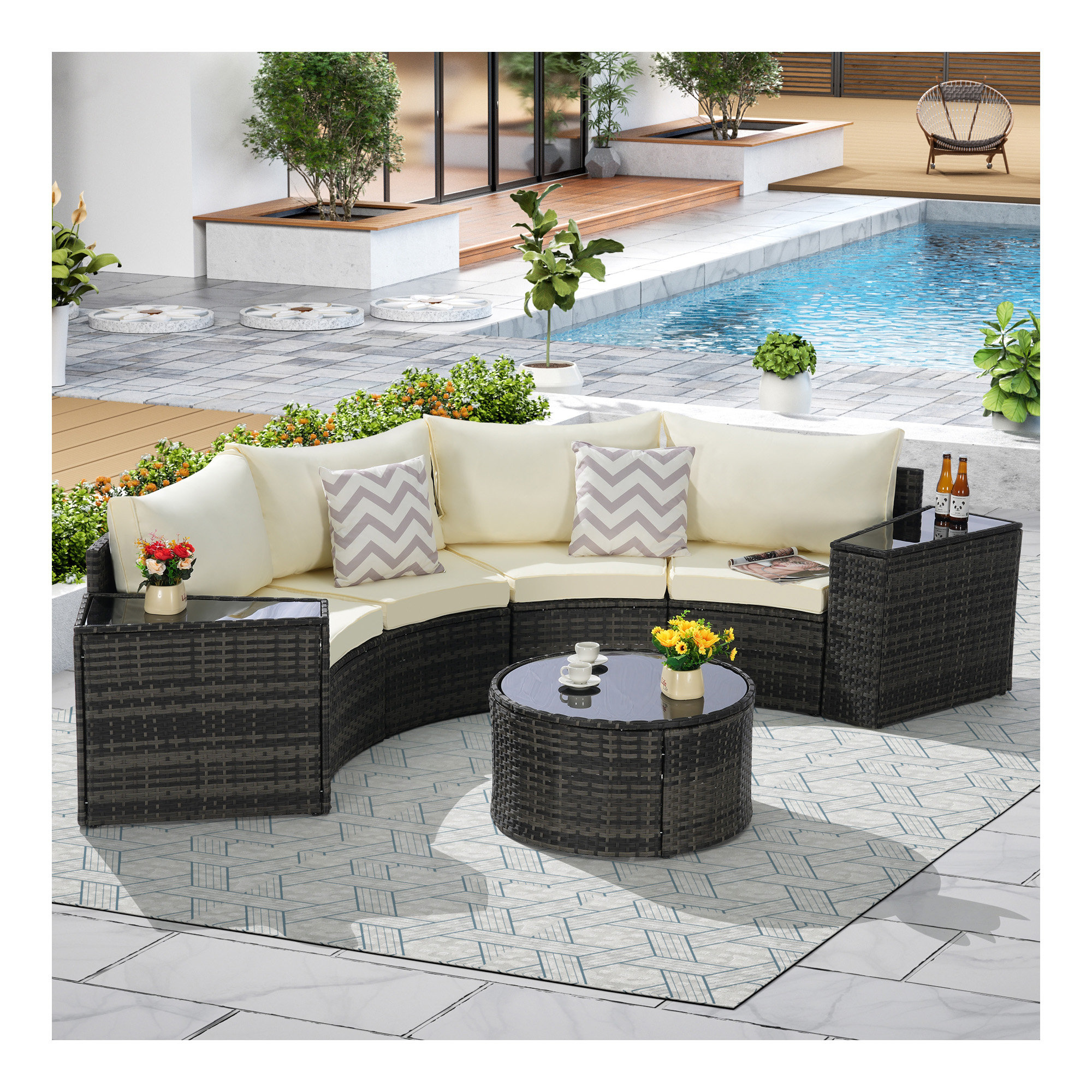 Outdoor Patio Furniture 7-Piece Half-Moon Sectional Round Patio Furniture Set Sofa with Tempered Glass Round Coffee Table
