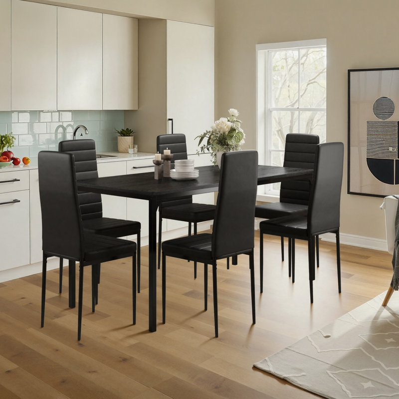 Ensemble de salle à manger moderne en bois et métal 7 pièces pour cuisine et salle à manger, Noir