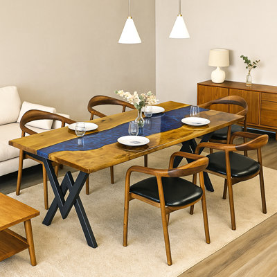 80" Solid Walnut Wood Dining Table, Blue Epoxy River Design, Metal Wakko Legs