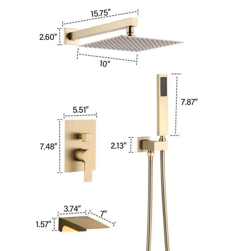 Brushed Gold 10Inch Shower, Wall Mounted, Ceramic Disc, Balanced, Rainfall Structure Gold, Balanced Kit, Brushed Gold