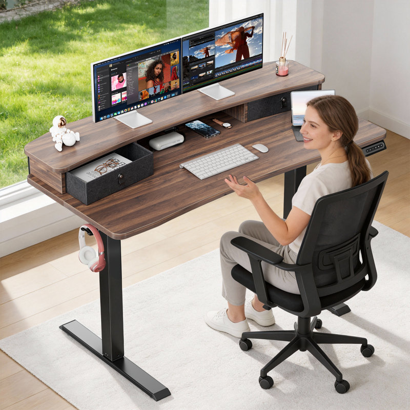 Adjustable Electric Standing Desk with Double Drawers, 48"x24" Sit Stand Up Desk with Storage Shelf, 3 Memory Presets, for Home Office