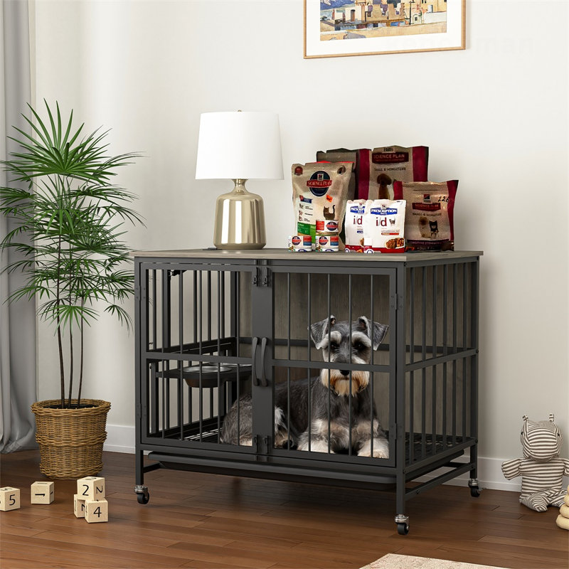 Cage pour chien de style moderne avec plateau et bols d'alimentation, Gris, H 26,5 po x l 31,5 po x P 21 po