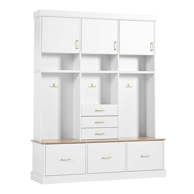 75'' H Entryway Hall Tree With Bench And Storage, 5-In-1 Modern Hall Tree With Coat Rack, 6 Drawers, 3 Cabinets And 3-Tier Top Storage For Hallway, Entryway, Living Room, Mudroom