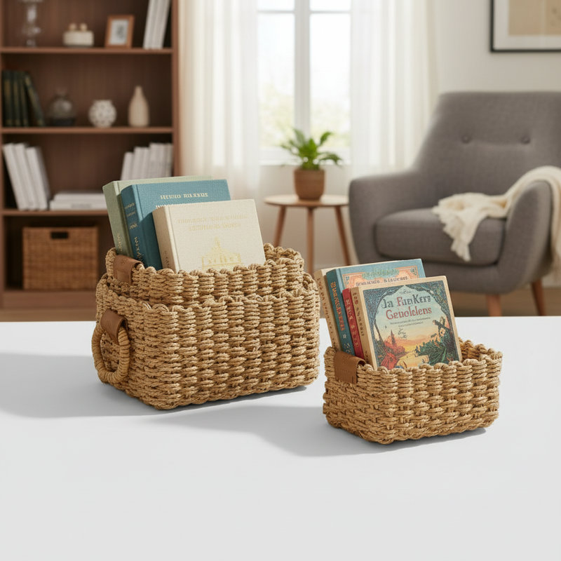Light Brown Small Wicker Storage Basket 3-Pack, Recycled Paper Rope, Fits Shelves Bathroom Cabinets Drawers, Light Brown