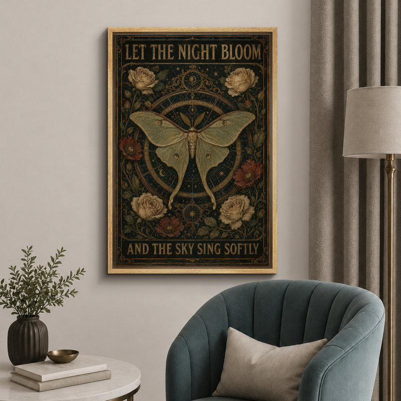 «Let the Night Bloom Celestial Moth», reproduction d'art sur toile encadrée, H 24 po x l 16 po x P 1,5 po, Cadre naturel