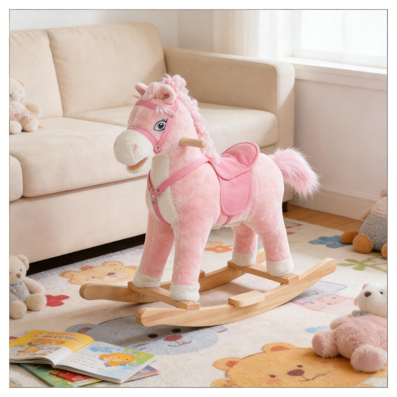 Cheval à bascule interactif rose en peluche avec des sons réalistes, base en bois robuste pour les enfants de 3 ans et plus