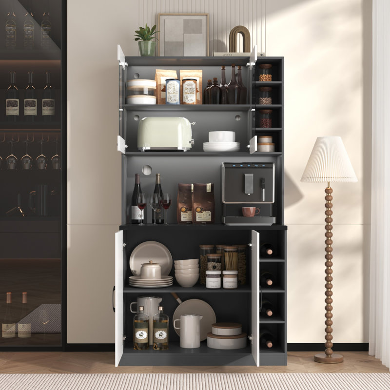 Tall Kitchen Pantry Cabinet 187 cm with LED Lighting, Glass Upper Doors and Adjustable Shelves, Large Middle Shelf for Microwave, Freestanding