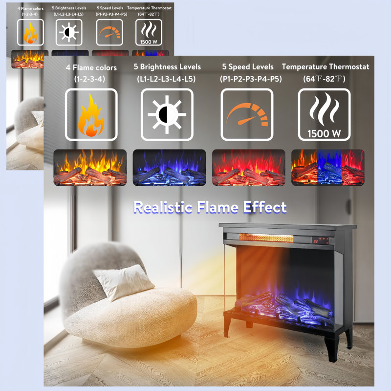 Freestanding Electric Fireplace Stove Heater With Three Sided Glass, Gray/Black