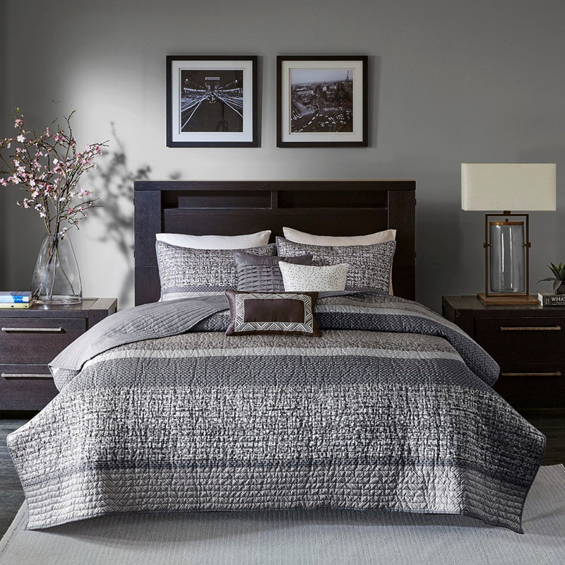 Courtepointe grise / taupe 6 pièces pour très grand / très grand lit, lavable à la machine, coussins de broderie réversibles, plissée décorative avec broderie, facile à nettoyer