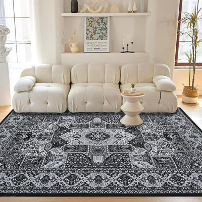 Tapis à motif de treillis géométrique moderne 9 x 12 pi, antidérapant lavable à la machine Boho, tapis rétro antitaches pour salon 