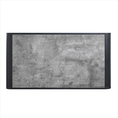 Table basse avec plateau d'aspect béton, assemblage compact, finition gris ardoise et noir, design rectangulaire moderne