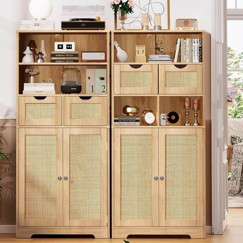 Armoire de rangement haute, armoire en rotin avec 2 tiroirs et tablette réglable, armoire de rangement pour garde-manger, armoire d'entrée pour salon, salle à manger, bureau personnel, naturel