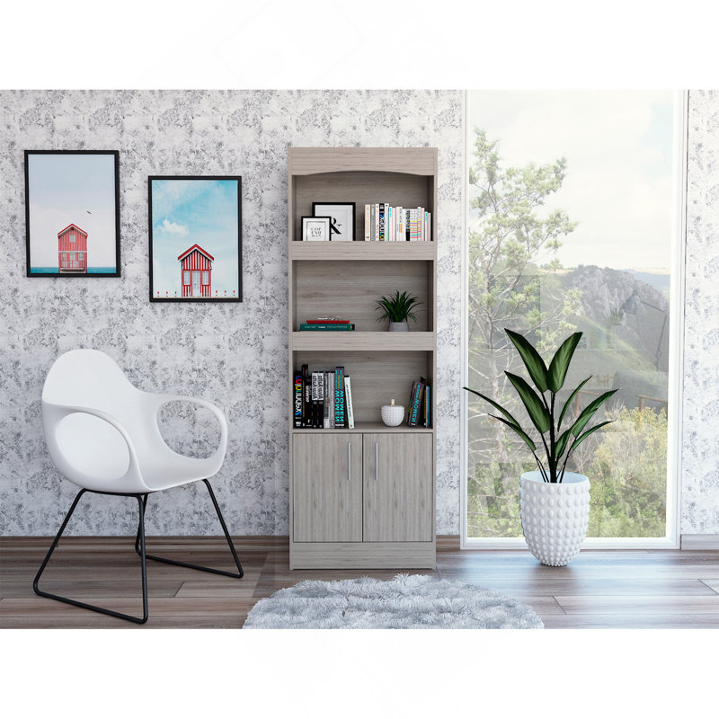 Bibliothèque, quincaillerie en métal, trois tablettes, armoire à deux portes - gris clair, Gris