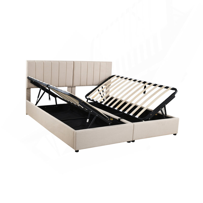 Très grand lit plateforme tapissier avec système de rangement hydraulique, Beige