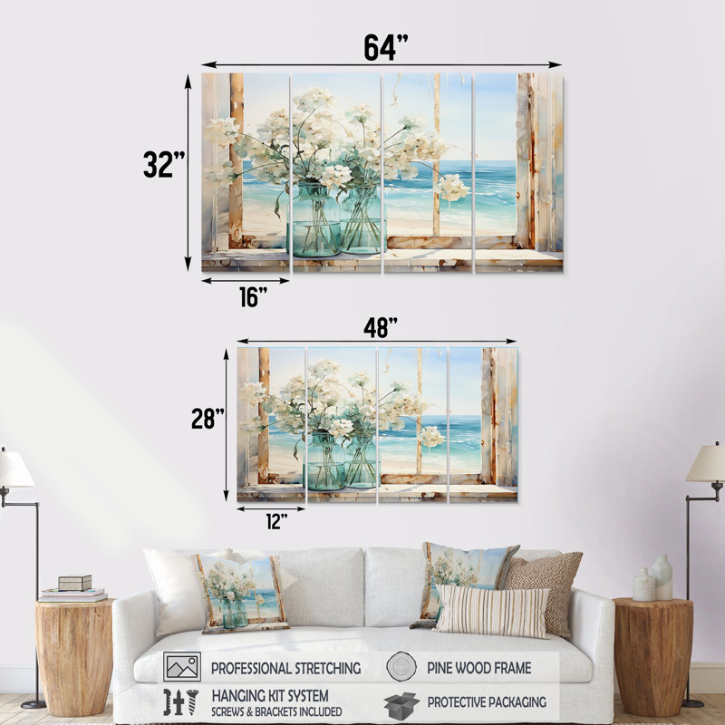 «Blue Window Beachfront View Blooms I - Coastal Window», art mural 4 pièces, H 28 po x l 48 po