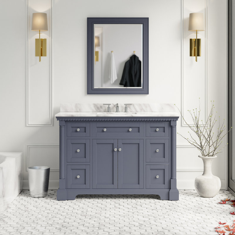 Meuble-lavabo simple 48 po Fossen, Gris marine, Marbre de Carrare