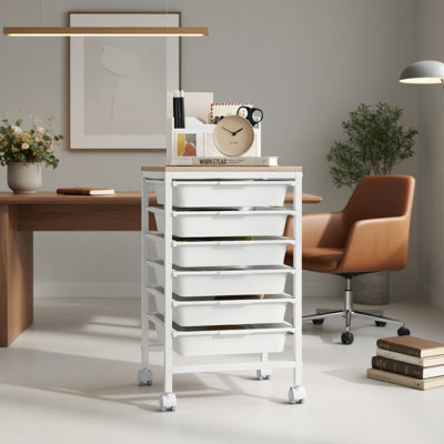  Chariot de rangement roulant à 6 tiroirs avec plateau en bois robuste, organisateur compact pour le bureau, la salle d'artisanat ou le salon, blanc et naturel