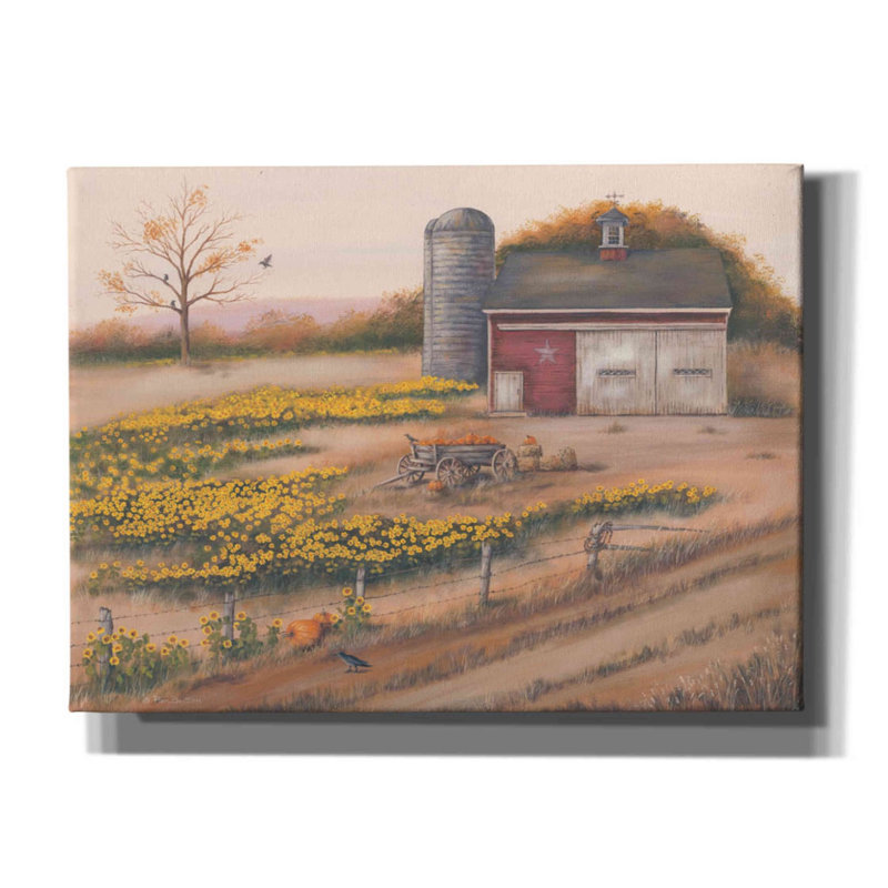 «Barn & Sunflowers I» par Pam Britton, art mural sur toile, H 40 po x l 54 po x P 1,5 po