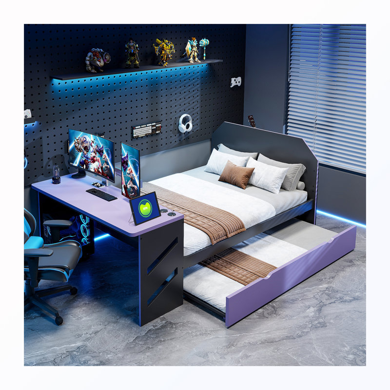 Lit de jour double avec lit gigogne simple et bureau et port USB, Purple&Black