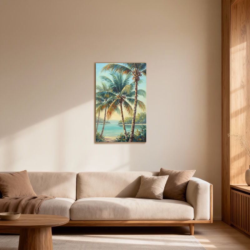 Plantes et fleurs, palmiers tropicaux, scène de plage, coucher de soleil, couleurs, paysage vibrant, H 12 po x l 18 po