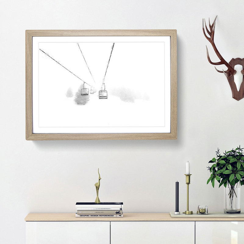 Ski Lift in Morillon France - Picture Frame Painting Print, 24cm H x 33cm W x 2cm D, Oak Framed
