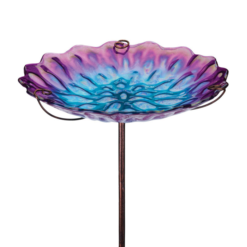 Honeycomb Iridescent Glass Birdbath Feeder with Metal Stake