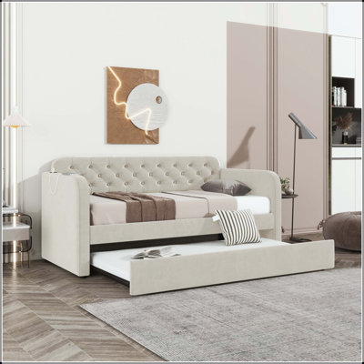 Lit de jour simple tapissier avec couchette, charge USB et design Mid-Century