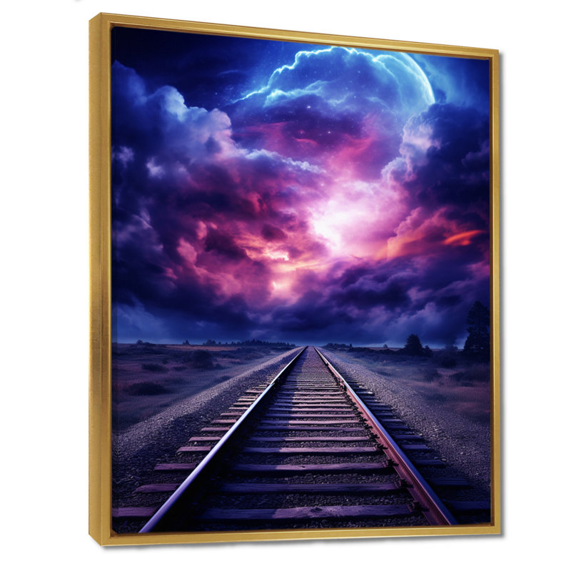 Lavande, train, rails, fuchsia, coucher de soleil I - train, art mural, H 20 po x l 12 po x P 1 po, Cadre flottant noir