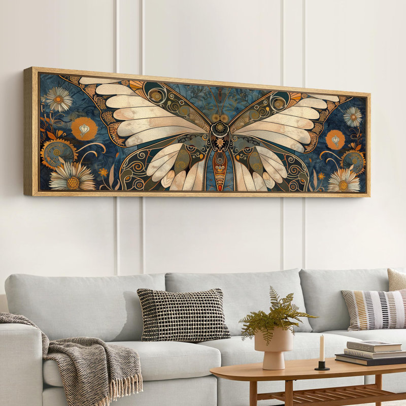 Butterfly Illusion Moody Vintage Modern Rustic Artwork - Extra Large Framed Wall Art Canvas Print, 20" H x 60" W, Natural