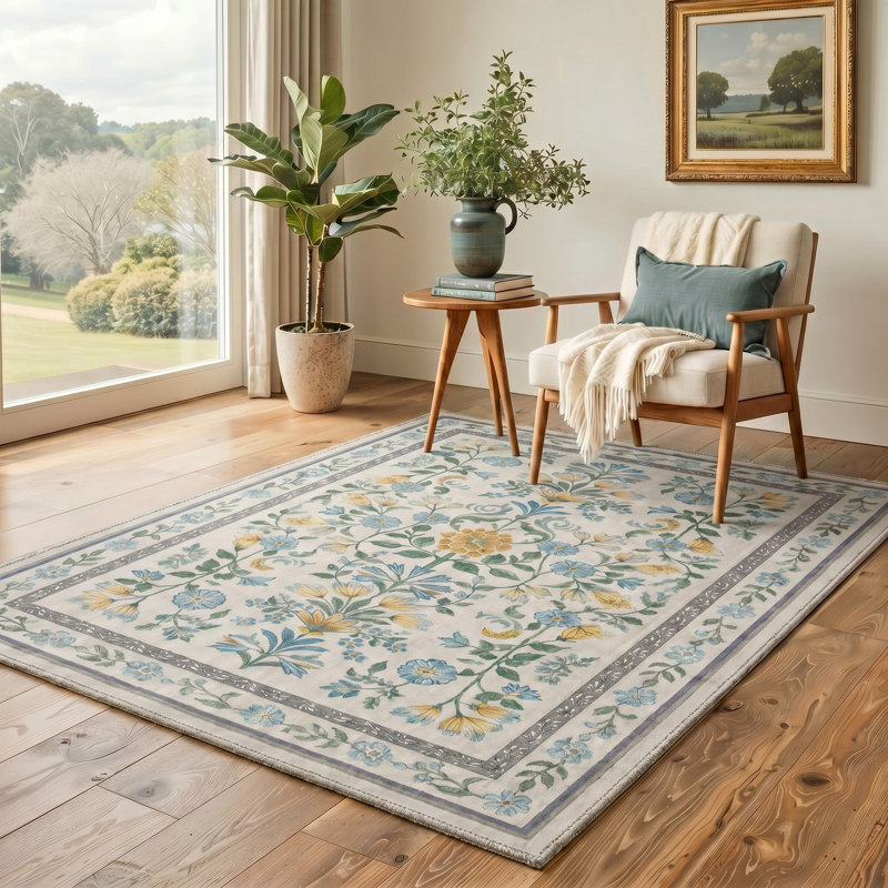 Tapis floral ivoire / bleu lavable à la machine avec envers antidérapant, Rectangle 144 po x 108 po