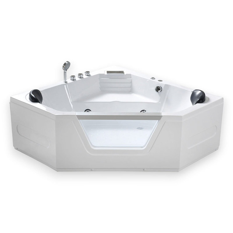 MARBELLA 59" x 59" 2-Person White Corner Whirlpool Bathtub with 10 Jets & Glass Front Panel