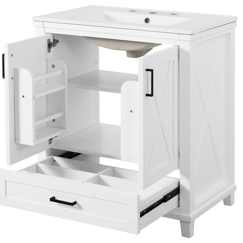 Meuble-lavabo transitionnel de 30 po, structure en bois massif, poignées en alliage de zinc, portes doubles à fermeture en douceur, tiroir cloisonné, meuble-lavabo à tiroir divisé silencieux de 30 po pour les petites salles de bain et lavabo en céramique, double rangement