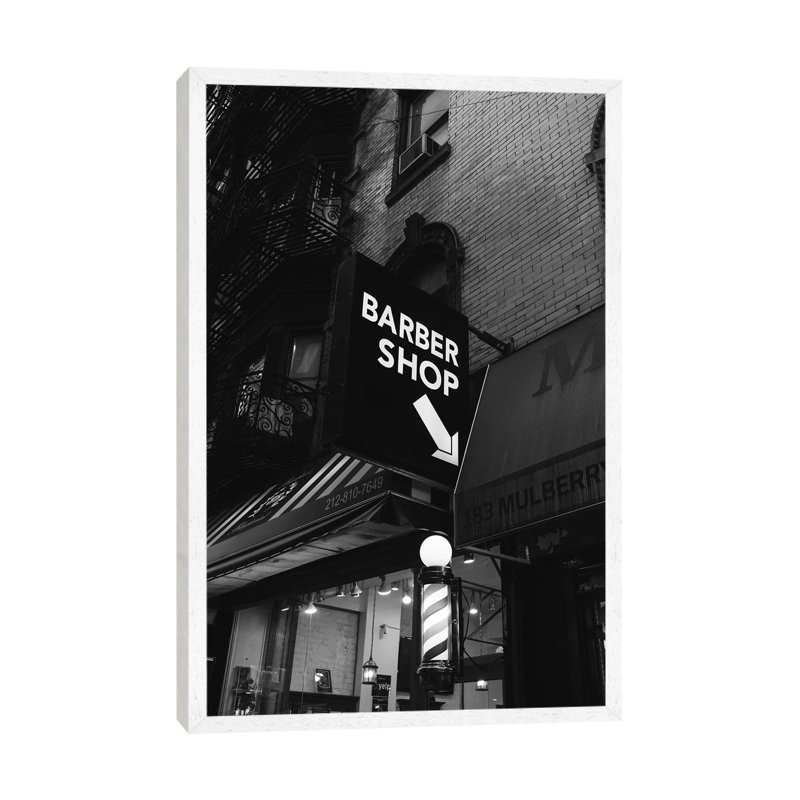 Manhattan Barber Shop by Bethany Young - Print on Canvas, 101.6cm H x 66.04cm W x 3.81cm D, White Framed