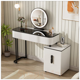 Modern Vanity Table with Tempered Glass Top, Adjustable Height Legs, Multi-functional Storage Cabinet and Round Mirror, Ideal for Bedrooms and Small Spaces