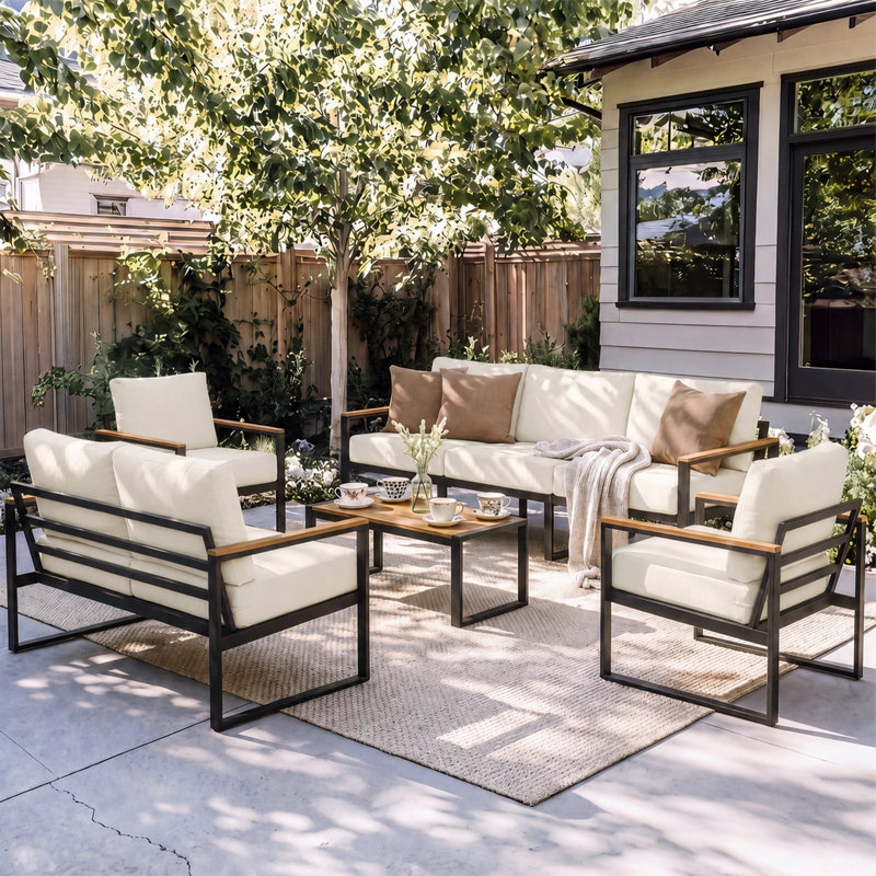 Ensemble de conversation extérieur 7 pièces pour patio avec cadre en acier robuste et assises profondes, Beige