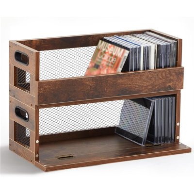 Lot de 2 boîtes de rangement rétro pour CD, pouvant contenir 72 CD (36 par boîte), étagère de rangement vintage en métal brun et bois avec rabat avant magnétique et poignées.